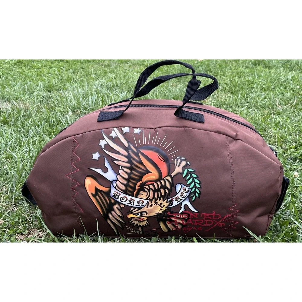 Ed Hardy Born Free Eagle Duffel Gym Bag Brown Tattoo‎ Art Weekender Travel Strap